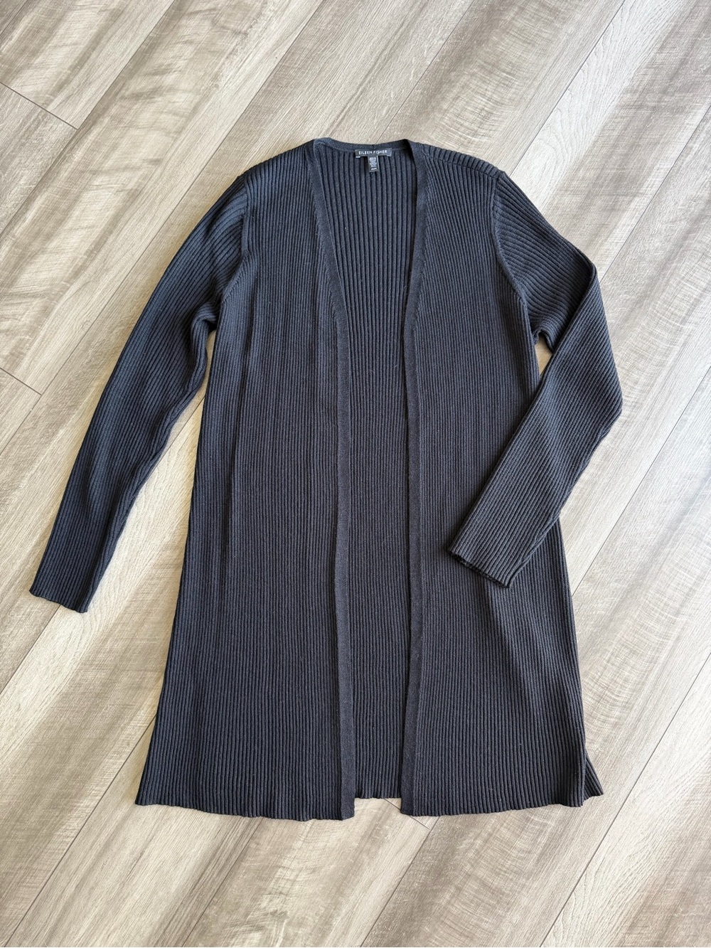 Eileen Fisher Women’s 100% Wool Ribbed Knit Open Front Black Cardigan Sz M